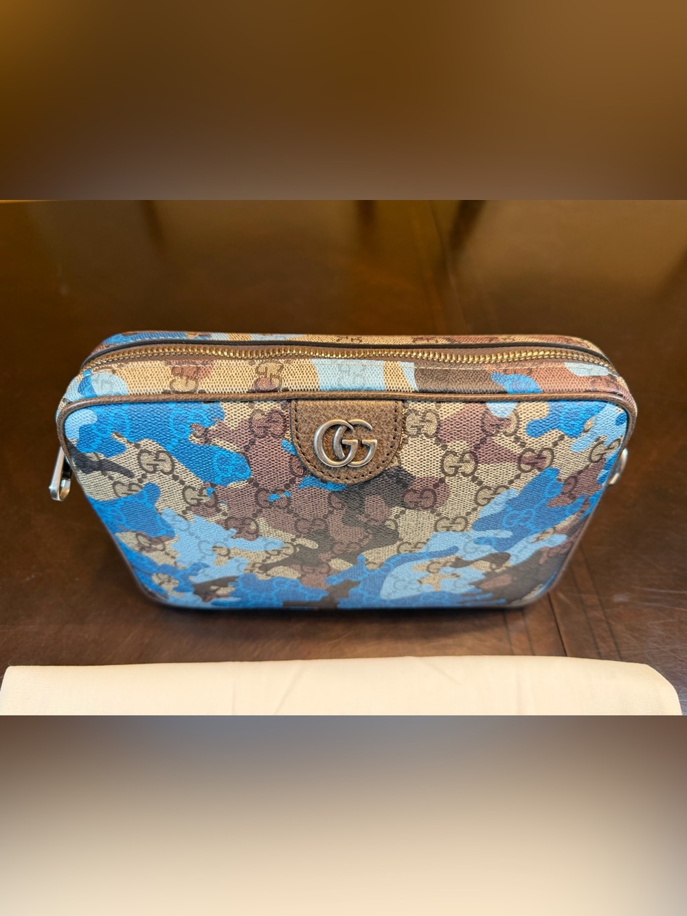New Authentic Gucci GG Supreme Logo Leather Brown Blue Shoulder Bag - Picture 5 of 16